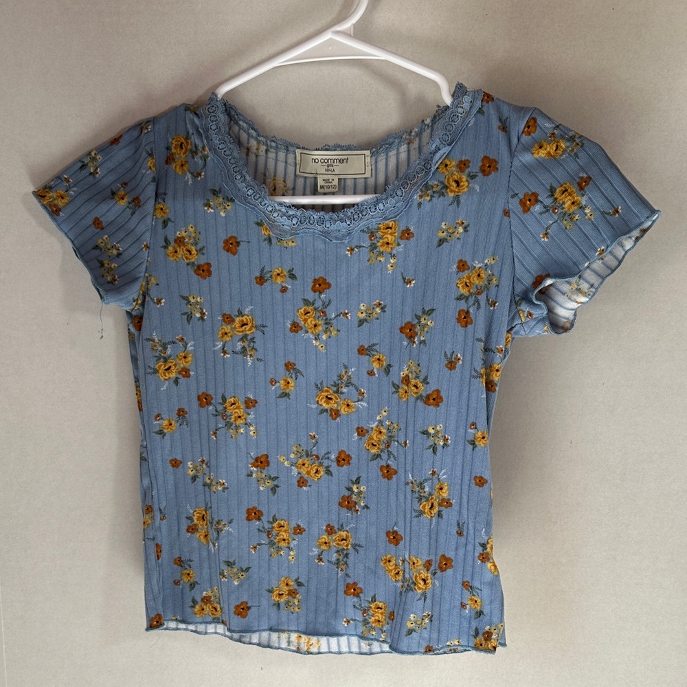 No comment girls blue floral short sleeve shirt size medium 10/12